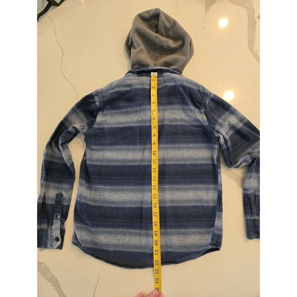 ​Old Navy L 10-12 Plus Striped Hooded Flannel Shirt Kids Blue Plaid Shacket